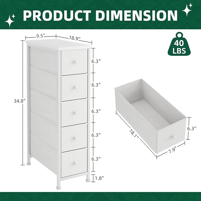 Narrow Dresser, 19" Wide Narrow Nightstand Dresser Storage Tower with 5 Drawers, Slim Fabric Dressers Chest of Drawers for Small Spaces, Wood Top & Fabric Bins for Bedroom Bathroom Closet (White)