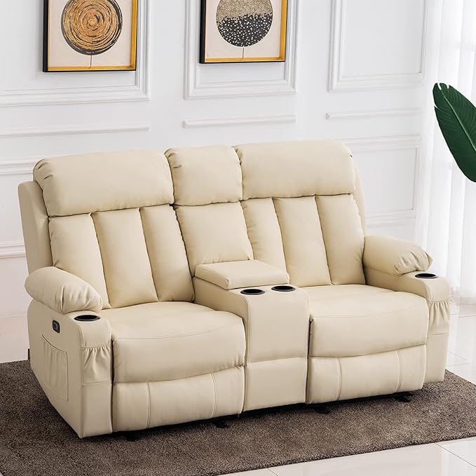 MCombo Zero Gravity Loveseat Recliner with Console, Heat and Massage, Power Reclining Sofa for Living Room, Faux Leather 6095 (Cream White, Loveseat Recliner with Console)