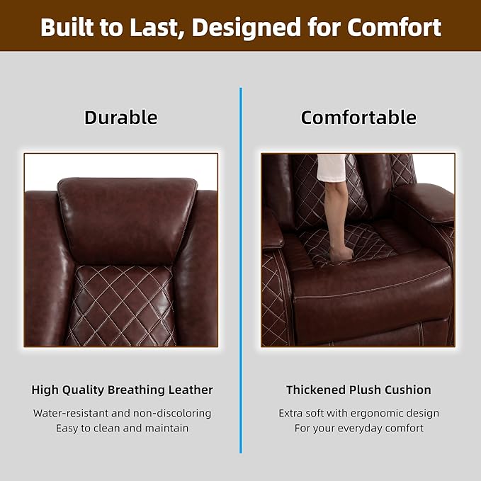 Breathing Leather Power Recliner Sofa Set, 2 Piece Leather Couch and Recliner Chair Set, Living Room Furniture Set with USB Charging/LED Lights (Auburn, Sofa+Chair)