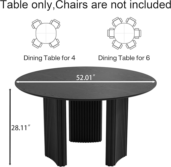 Casaphoria 52" Round Dining Table for 4-6, Farmhouse Style Table with Stripes Base, Easy Assembly for Living Room, Kitchen, Bar, Black