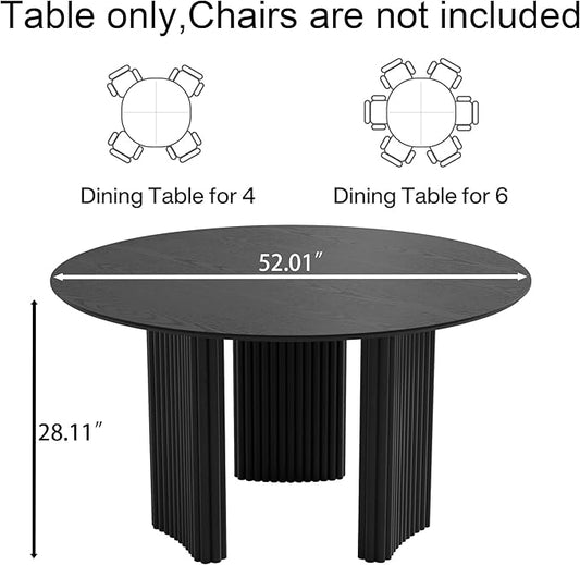 Casaphoria 52" Round Dining Table for 4-6, Farmhouse Style Table with Stripes Base, Easy Assembly for Living Room, Kitchen, Bar, Black