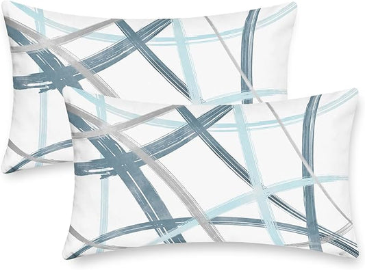 CaliTime Throw Pillow Cases Pack of 2 Cozy Fleece Arc-Shaped Abstract Geometric Lines Decorative Cushion Covers for Couch Bed Sofa Farmhouse Decoration 12 X 20 Inches Smoke Blue Grey