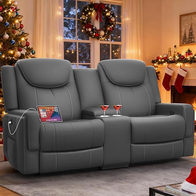 Dresegmt Loveseat Recliner Sofa, Gray PU Leather Double Recliner Loveseat with Console, Cup Holders, Storage & USB Ports, Ergonomics， Manual Reclining Sofa Couch for Living Room, RV