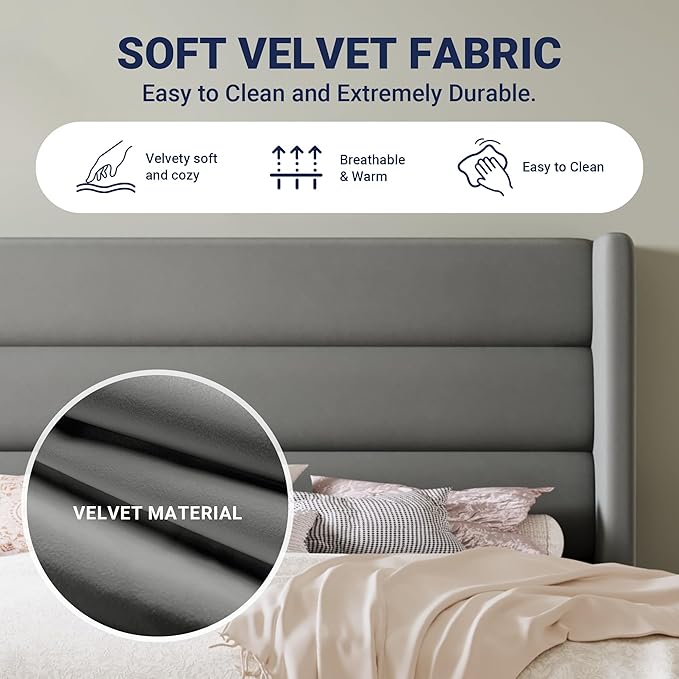 Allewie Queen Size Platform Bed Frame with Velvet Upholstered Wingback Headboard, No Box Spring Needed, Under Bed Storage Space, Strong Wooden Slats, Modern Mattress Foundation, Easy Assembly, Grey