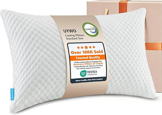 UYWO Cooling Memory Foam Pillows Firm and Soft, Standard Size 1 Pack, Original Adjustable Pillows for Side, Back or Stomach Sleepers with Removable Washable Cover