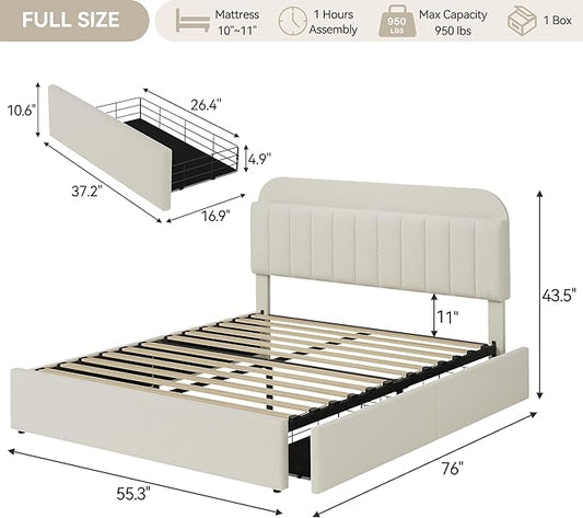 IDEALHOUSE Full Bed Frame with 2 Flexible Drawers and Bookcase Headboard, Boucle Upholstered Platform Bed for Boys/Girls, Noise-Free, Easy Assembly, No Box Spring Needed, Beige