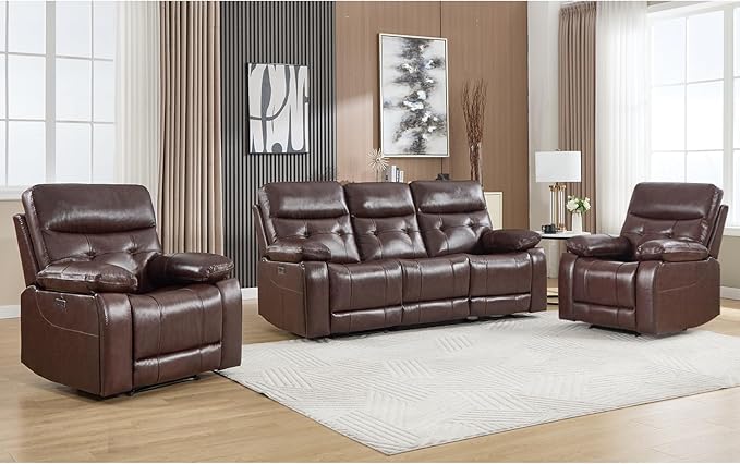 CANMOV Genuine Leather Power Recliner Sofa Set,Two Power Recliner Chair and Sofa Set, 3 Pieces Leather Couch with Hidden Cup Holders, USB Ports, for Living Room, Dark Brown