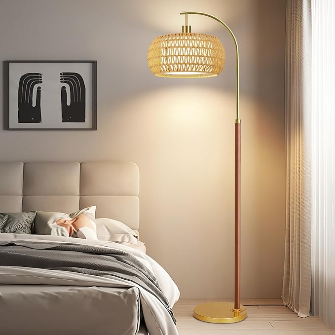 Wood Floor Lamps for Living Room,Boho Floor Lamp with Remote Control & 3 Color Temperatures,Dimmable Mid Century Modern Standing Lamp Vintage Tall Rattan Floor Lamp for Bedroom Corner