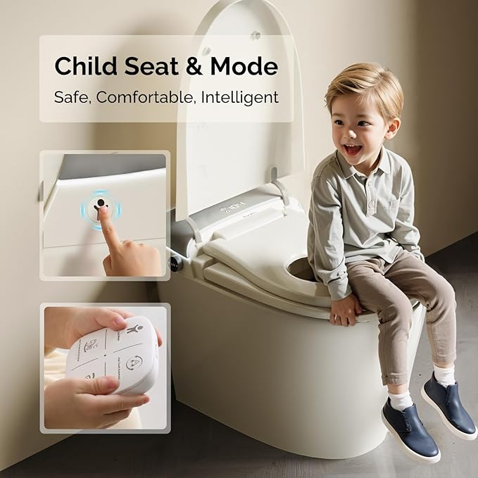Smart Toilet, Dual Bidet Seats for Adults & Kids with Child Mode, Built-In Tank, Auto Open/Close Lid, Foot Sensor Flush, Heated Seat, Warm Air Dryer, Elongated One-Piece (ZY695A Family)