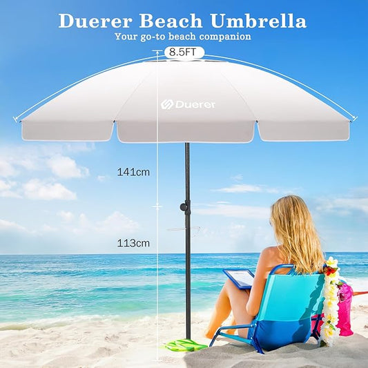 Duerer 8.5FT Beach Umbrella with Sand Anchor–Heavy Duty Wind Resistant UPF 50+ Sun Shade, Portable Travel Beach Umbrella with Tilt & Carry Bag for Beach, Sand, Garden, Patio, Pool (Beige)