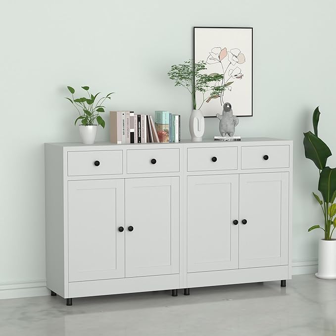 Metal Storage Cabinet with 2 Drawers and Adjustable Shelf, Sideboard Buffet Cabinet for Home, Office, Hallway, Entryway, Living Room, Kitchen Pantry and Dining Room (White)