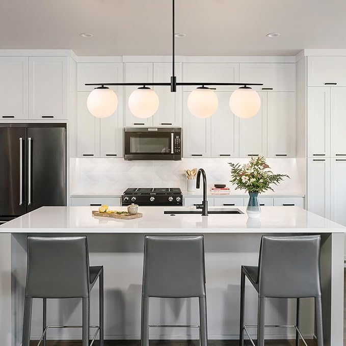 Black 45.3" Linear Chandeliers for Dining Room 4-Lights Milk Glass Globe Large Modern Linear Chandelier for Kitchen Island Living Room, Mid Century Chandelier Light Fixture Over Table