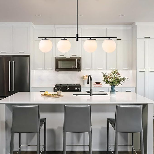 Black 45.3" Linear Chandeliers for Dining Room 4-Lights Milk Glass Globe Large Modern Linear Chandelier for Kitchen Island Living Room, Mid Century Chandelier Light Fixture Over Table