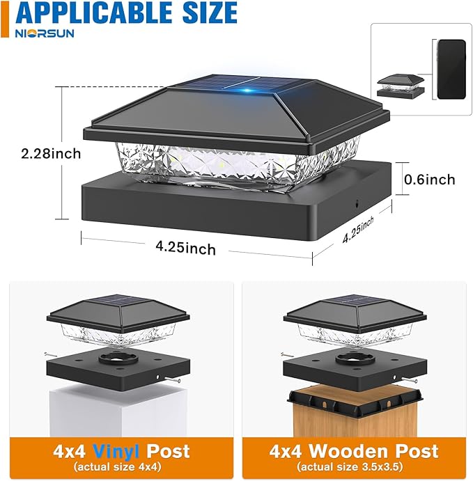 NIORSUN Solar Post Lights Outdoor, Fence Post Solar Lights Warm White, Waterproof, Garden Patio Fence Deck Decor, 4x4 Posts Cap Wood Vinyl, Black 12 Pack
