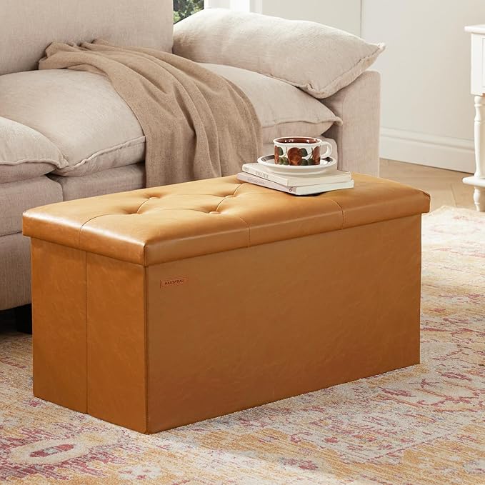 HAUSFRAU - Storage Ottoman Bench, 30 Inches Button Tufted Upholstered Ottoman Footstool with Storage for Living Room Bedroom Entryway, Load 660 lb, Synthetic Leather, Caramel