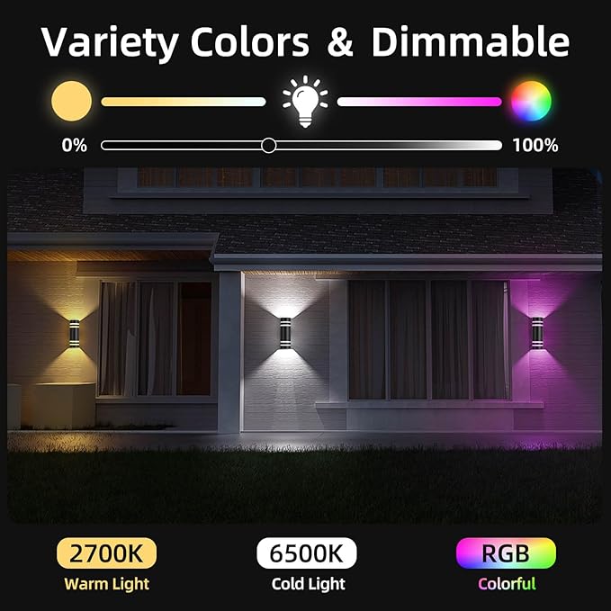 SHIMR Modern Outdoor Wall Lights Color Changing 2 Pack, RGBCW Smart Outdoor Lights Ambiance Sconce with Remote Control, Black Aluminum Exterior Lighting Fixtures Up and Down Lights [ETL Listed]