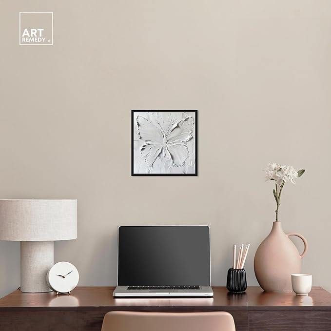Art Remedy White Butterfly Canvas Elegant White Gold Wall Art, Black Frame, 12" x 12"