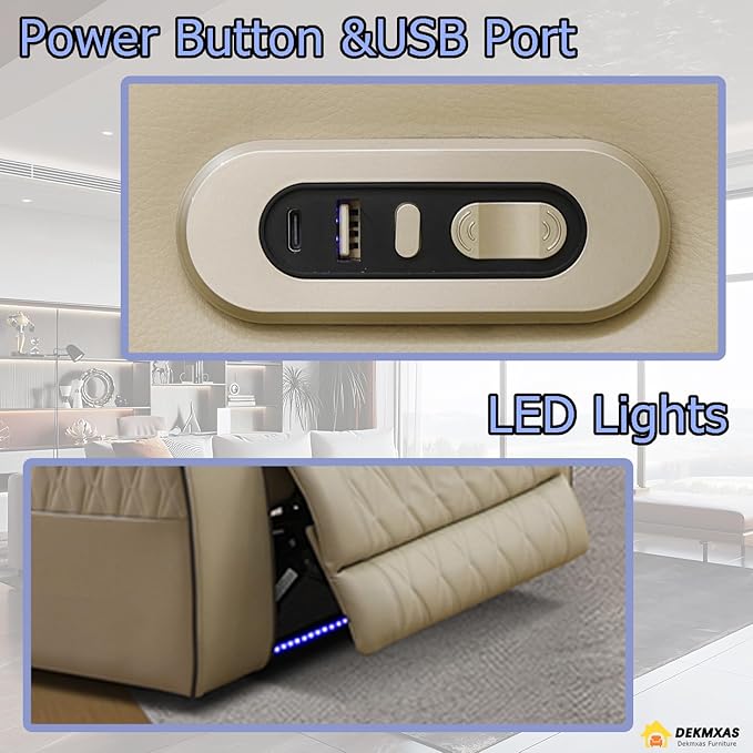 Power Reclining Sofa Set with Cup Holders, 2 Pieces Living Room Furniture Sets, Beige Breathing Power Recliner Sofa&Chair with LED Lights, Storage Console, Drop-Down Table, 4 Recliner Seats