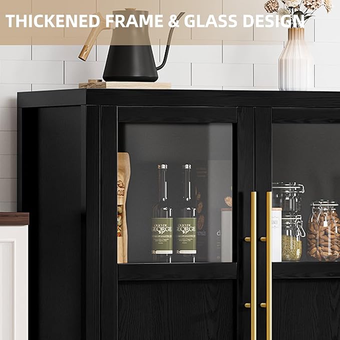 Garvee 55“ Large Buffet Cabinet with Storage, Sideboard Buffet Cabinet with Glass Doors, Modern Farmhouse Storage Cabinet Table for Kitchen Dining Room, Living Room (Black, Glass with 4 Doors)