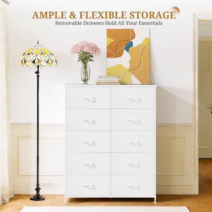 10-Drawer Fabric Dresser, Chest of Drawers Clothes Cabinet for Closet & Bedroom, Storage Organizer with Steel Frame for Entryway, Dorm, Living Room, White