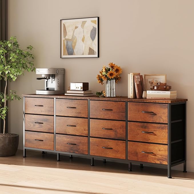 DUMOS TV Stand for Bedroom with Storage TV Stands for Living Room Rustic, 12 Drawer Dresser Farmhouse Entertainment Center for up to 80 Inch TVs, Media Console Table with Metal Frame Adjustable Feet