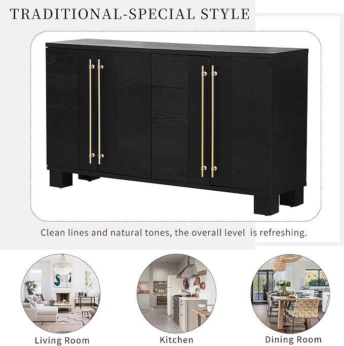 Ball & Cast 60“ Sideboard Buffet Cabinet with Storage,Traditional Coffee Bar Cabinet with 4 Doors and Adjustable Shelves,Wood Side Board Table with Long Gold Handles or Living Room, Kitchen,Navy
