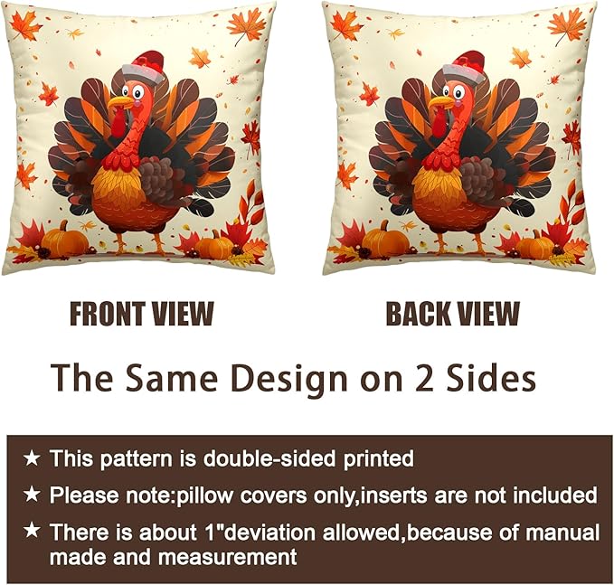 Thanksgiving Fall Pillow Covers 22x22 Happy Thanksgiving Turkey Pumpkin Maple Leaf Print Pillow Cases Set of 2 Orange Autumn Outdoor Pillowcase Thanksgiving Holiday Decor for Home Couch