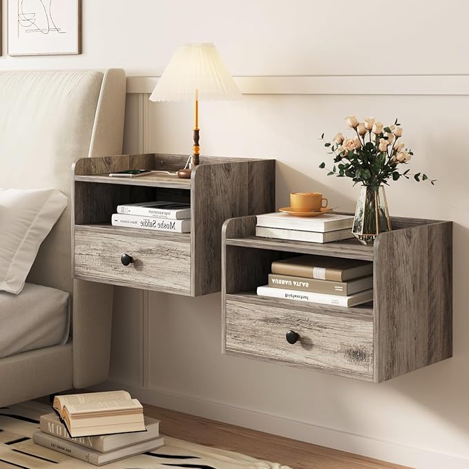 Floating Nightstand Set of 2 Modern Night Stands with Drawer and Open Shelf Cubby Small Bedside End Table with Charging Station Wall Mounted Nightstands Set 2 for Bedroom Grey