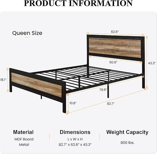 SHA CERLIN Heavy Duty Metal Bed Frame Queen Size, Platform Base with Wooden Headboard Footboard, 13 Strong Slats Support, No Box Spring Needed, Mattress Foundation, Easy Assembly