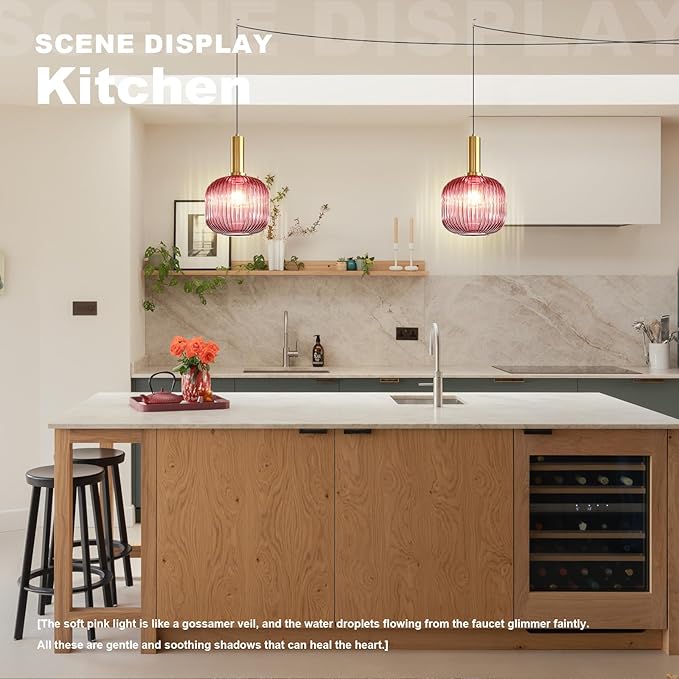 Pink Pendant Light Plug in Glass Chandelier Lighting Vintage Gold Hanging Lamp Plug in Light Fixtures Ceiling Hanging Lights with Long Cord for Living Room Dining Room Bedroom Kitchen Island