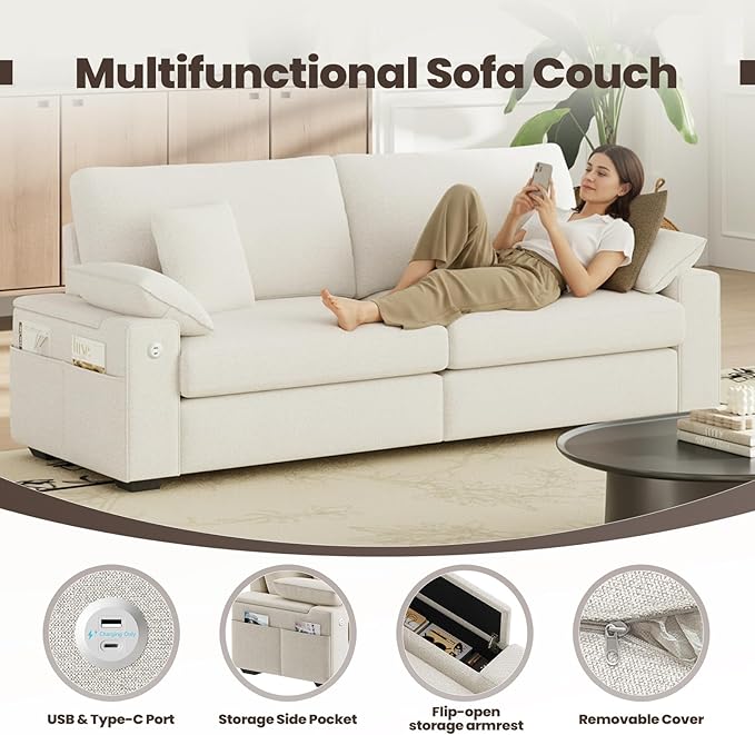 COLAMY 89" Loveseat Sofa, Modular Midcentury Modern 3-Seat Sofa, with USB Type C Ports and 4 Pillows for Home Living Room, Beige | USB Type C Ports