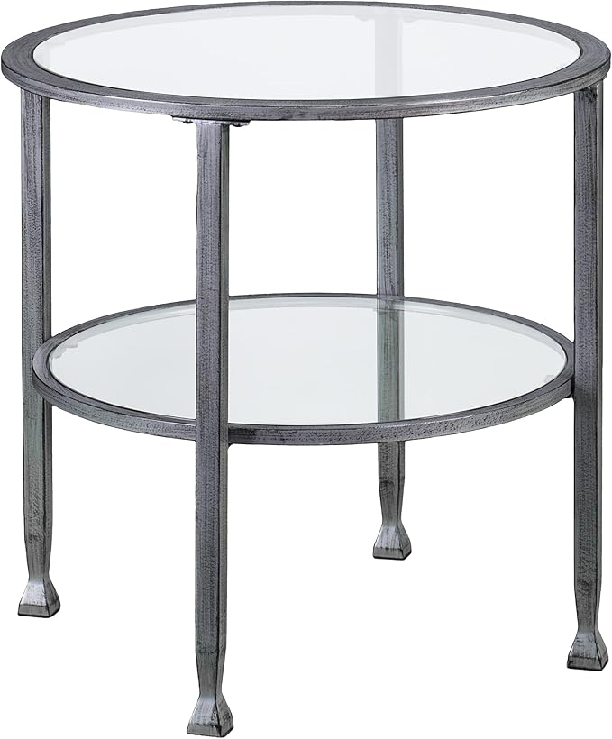 SEI Furniture Jaymes 24" Round Metal & Glass 2-Tier, End Table, Silver/Black Distressing