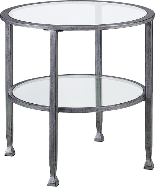 SEI Furniture Jaymes 24" Round Metal & Glass 2-Tier, End Table, Silver/Black Distressing