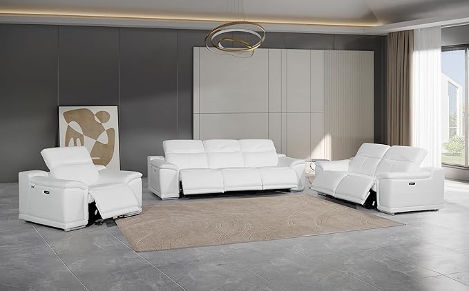 Blackjack Furniture Venice Top Grain Italian Leather 6 Power Recliner Seaters 3 Piece Sofa Set with Adjustable Headrests Modern Luxury Seating Sofa, Loveseat and Chair for Living Room Lounge, White