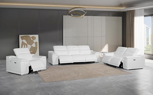 Blackjack Furniture Venice Top Grain Italian Leather 6 Power Recliner Seaters 3 Piece Sofa Set with Adjustable Headrests Modern Luxury Seating Sofa, Loveseat and Chair for Living Room Lounge, White
