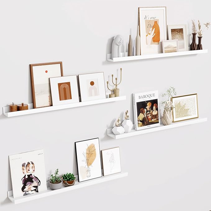 Fun Memories Picture Ledge Shelf - 32 Inches Floating Shelves Set of 4 - Floating Shelves with Lip for Storage - Wood Bookshelf Wall Mounted for Bedroom - Living Room - Kitchen - White Color