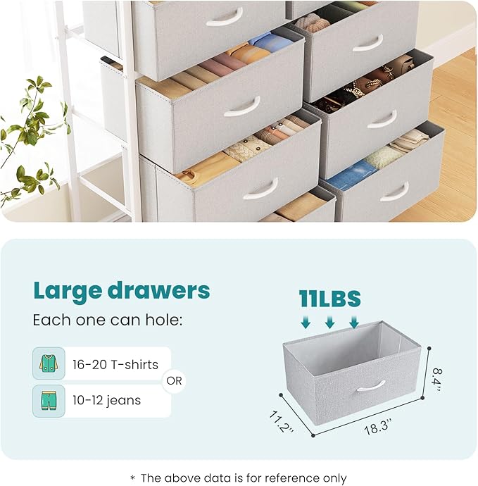 OLIXIS Fabric Dresser Storage Tower 8 Drawer Organizer with Wooden Top and Metal Frame for Bedroom Living Room Closet Entryway, Light Grey