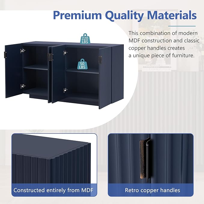 60" 4 Wavy Doors Ample Storage Sideboard with Adjustable Shelves,Retro Acacia Wood Console Table w/Retro Copper Handles,for Entryway Kitchen Dining Room Living,Antique Navy