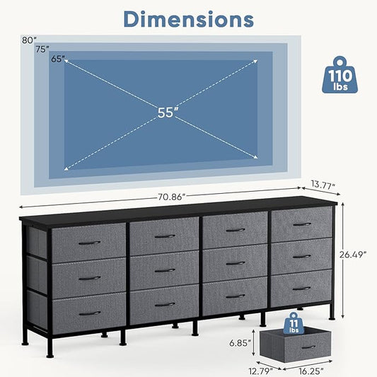 DUMOS TV Stand for Bedroom with Storage TV Stands for Living Room Grey, 12 Drawer Dresser Farmhouse Entertainment Center for up to 80 Inch TVs, Media Console Table with Metal Frame Adjustable Feet