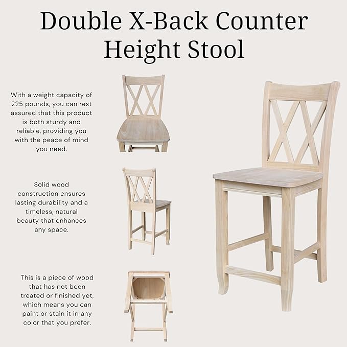 International Concepts Double X-Back Counter Stool, 24-Inch Seat, Solid Parawood, Unfinished