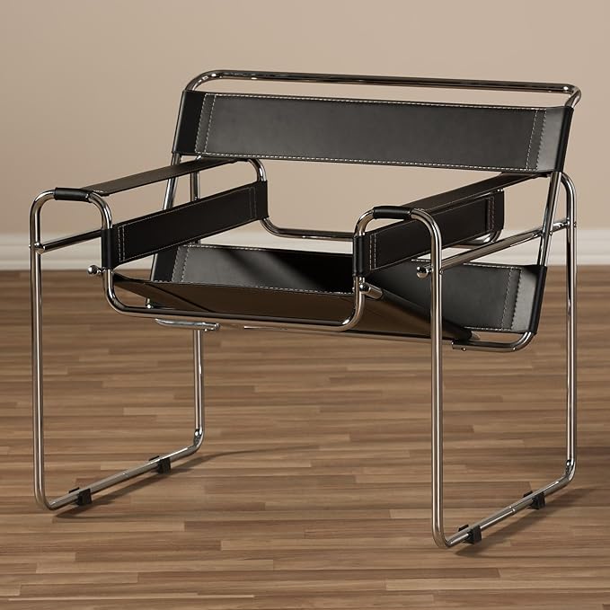 Baxton Studio Wassily Style Mid Centry Modern Accent Chair,Steel Frame and Faux Leather, Wide Seating