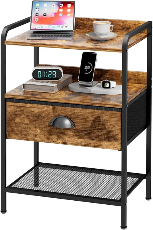 Night Stand with 1 Fabric Drawer and Sturdy Metal Frame, Modern Side Table Lightweight & Durable -55LB Load Capacity, Wear-Resistant & Easy-Clean Surface, Rustic Brown