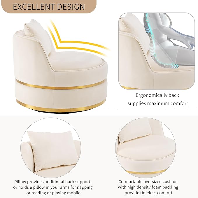 Merax 360° Swivel Accent Chair 32.6" Velvet Modern Upholstered Barrel Chair Comfy Soft Round Reading Sofa Chair with Seat Cushion for Living Room, Bedroom, Office, Apartment (Beige)