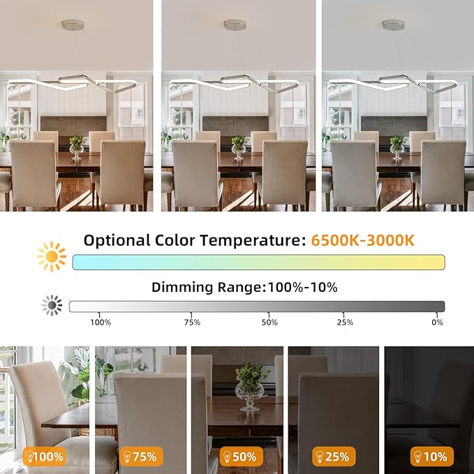 33 in Dimmable Modern LED Chandeliers for Dining Room - Adjustable Height Pendant Light Fixture Over Table, Contemporary Silver Chandelier Light Fixture (Chrome 33")