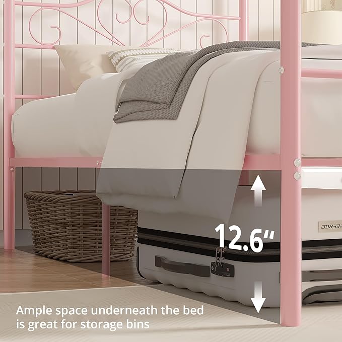 VECELO Twin Canopy Bed Frame with Headboard and Footboard, Metal Four Posters Design, Mattress Foundation Platform with Steel Slats Support, Underbed Storage Space, No Box Spring Needed, Pink