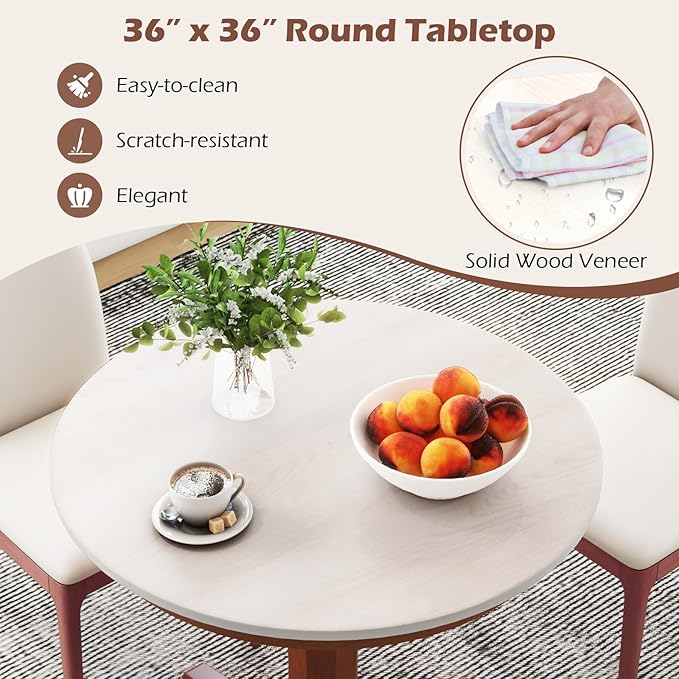 COSTWAY Round Table for 4 People, Wood Kitchen Table w/Rubber Wood Frame, Pedestal Base, Farmhouse Mid Century Dinner Table for Restaurant