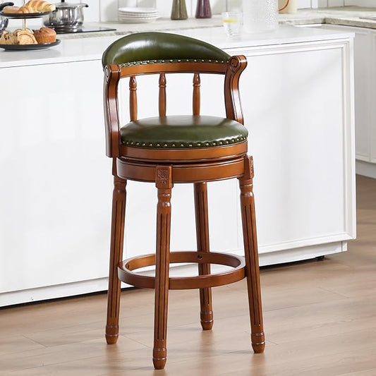 Cow top Leather Wooden Bar Stools, 29.5" Height Bar Chair with Back, 180 Degrees Swivel Bar Stools Chair for Home Kitchen Counter,Restaurant,1pc (Green-2pcs, Bar Seat Height 29.5in)