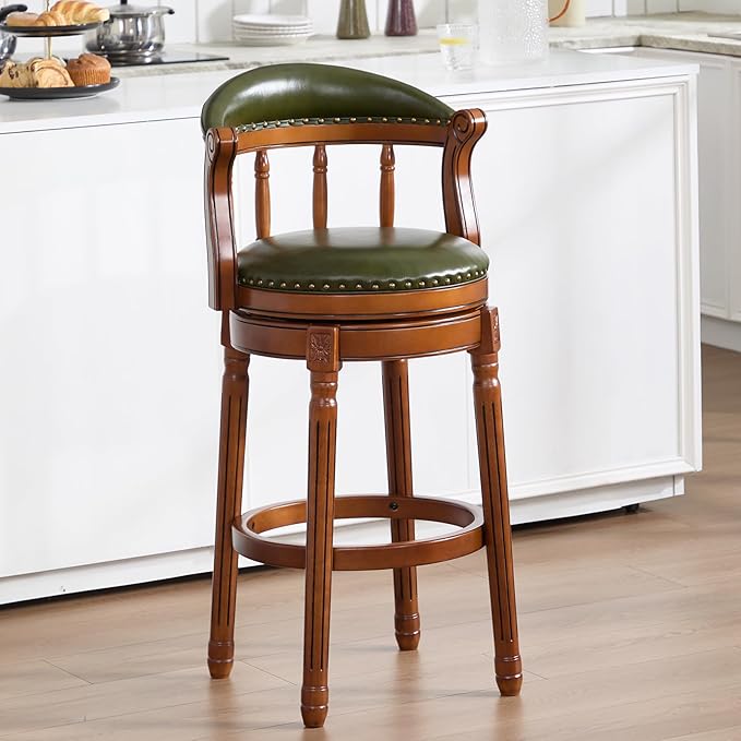 Cow top Leather Wooden Bar Stools, 29.5" Height Bar Chair with Back, 180 Degrees Swivel Bar Stools Chair for Home Kitchen Counter,Restaurant,1pc (Green-1pc, Bar Seat Height 29.5in)