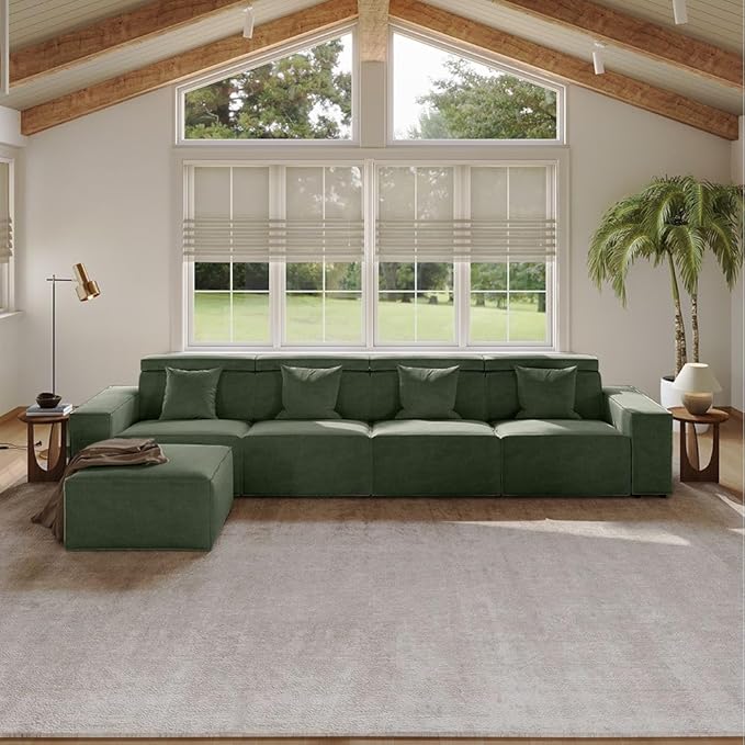145" Power Sofa,Modular Sectional Couches for Living Room,Modern Large Sofa with Recliners,Comfy Velvet Cloud Couch with Deep Seat with 1 Ottoman,Pet Friendly,Free Combination for Home(Green)