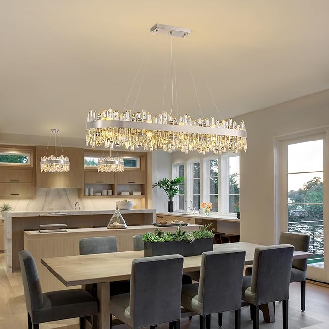 Siljoy Modern Crystal Chandelier, 20-Light Brushed Nickel K9 Crystal Raindrop Chandelier, Luxury Large Dimmable Crystal Ceiling Light for Dining Room Living Room Kitchen Island Entry Foyer L52''